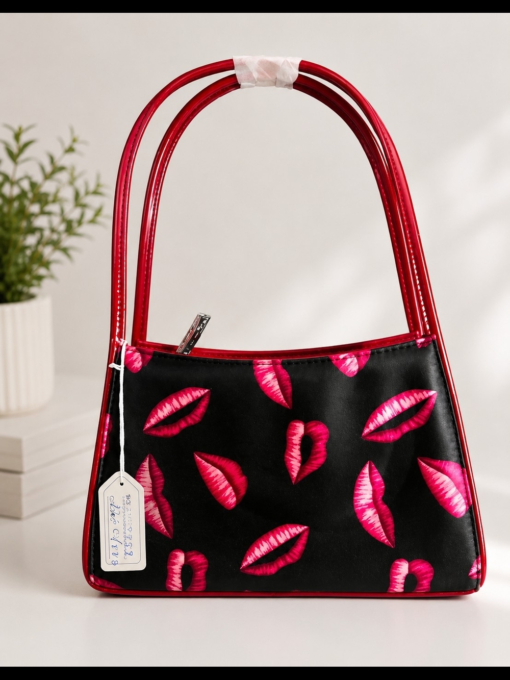 Black Shoulder Bag with Pink Lip Print and Red Trim - Picture 3 of 4